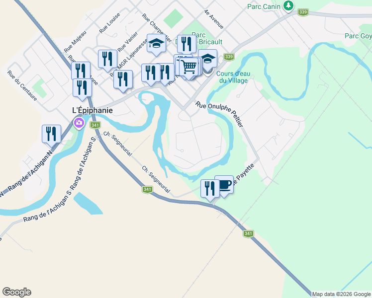 map of restaurants, bars, coffee shops, grocery stores, and more near 58 Place Carignan in L'Épiphanie