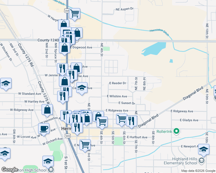 map of restaurants, bars, coffee shops, grocery stores, and more near 535 East Reeder Drive in Hermiston