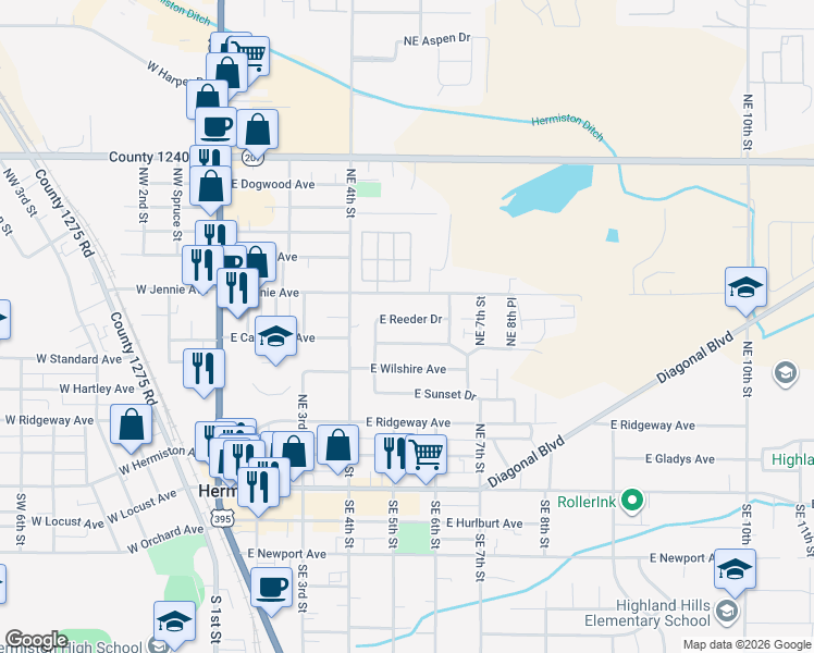 map of restaurants, bars, coffee shops, grocery stores, and more near 525 East Catherine Avenue in Hermiston