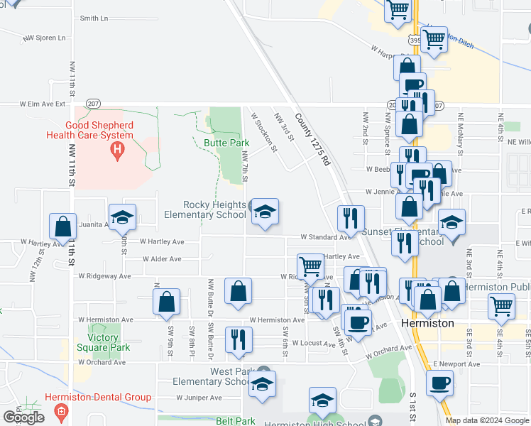 map of restaurants, bars, coffee shops, grocery stores, and more near 650 West Standard Avenue in Hermiston