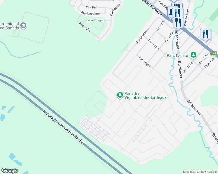 map of restaurants, bars, coffee shops, grocery stores, and more near 159 Rue du Sémillon in Drummondville