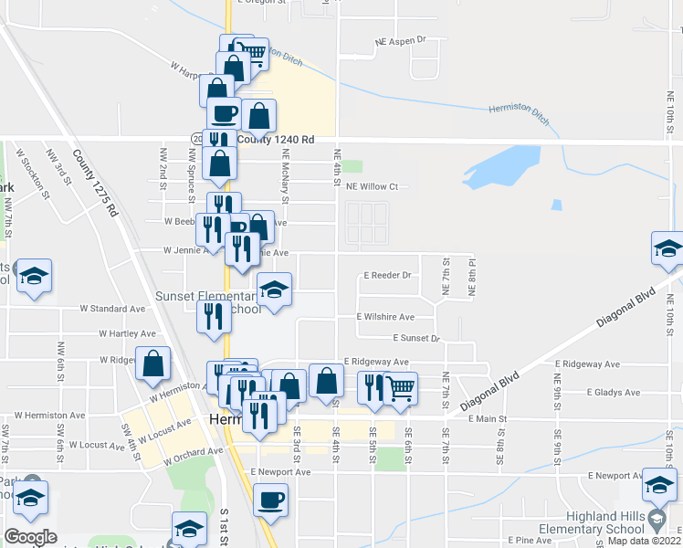 map of restaurants, bars, coffee shops, grocery stores, and more near 630 Northeast 4th Street in Hermiston