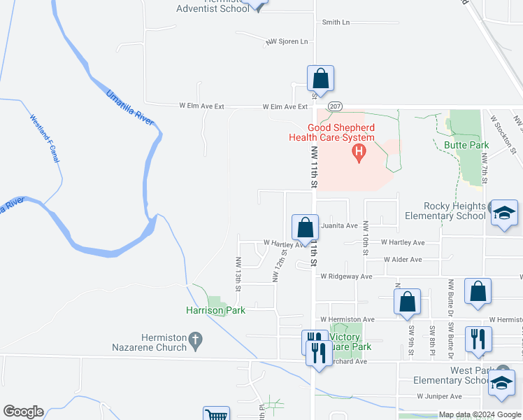 map of restaurants, bars, coffee shops, grocery stores, and more near 542 Northwest 12th Street in Hermiston