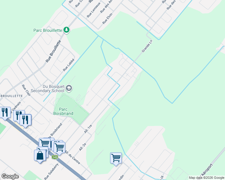 map of restaurants, bars, coffee shops, grocery stores, and more near 180 Grande Allée in Drummondville