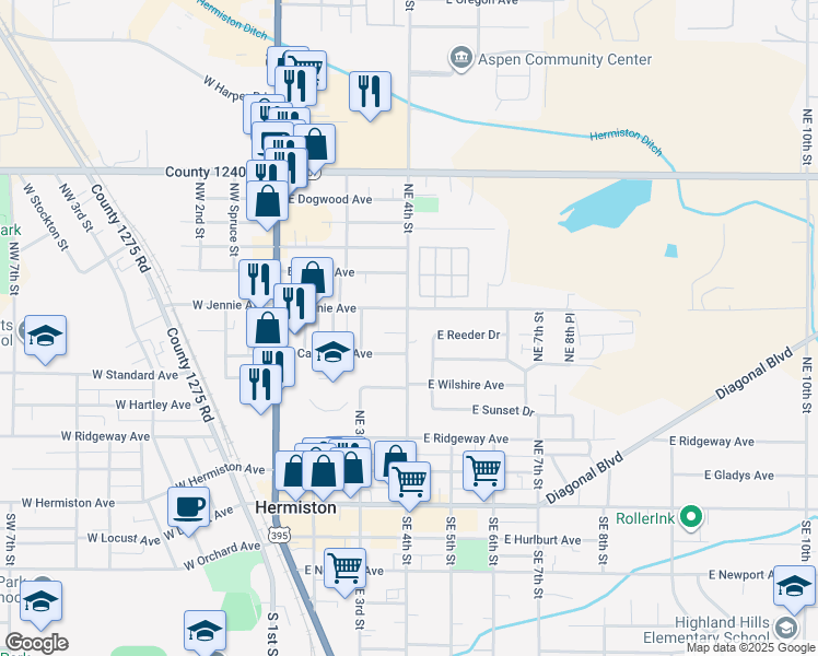 map of restaurants, bars, coffee shops, grocery stores, and more near 410 East Jennie Avenue in Hermiston
