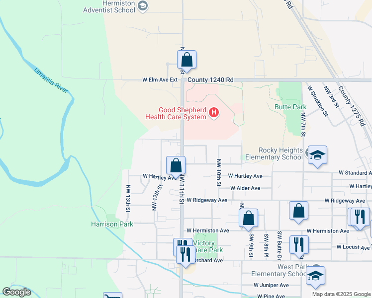 map of restaurants, bars, coffee shops, grocery stores, and more near 1070 West Linda Avenue in Hermiston