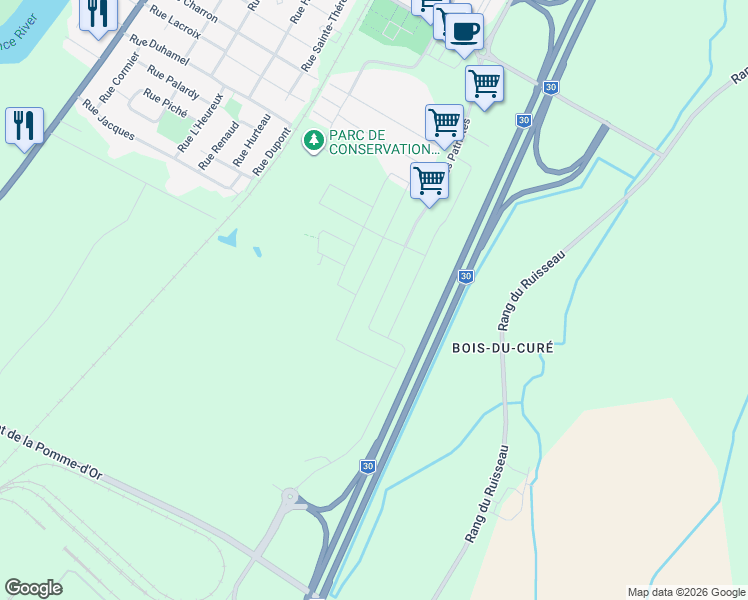 map of restaurants, bars, coffee shops, grocery stores, and more near 4502 Rue des Patriotes in Contrecoeur