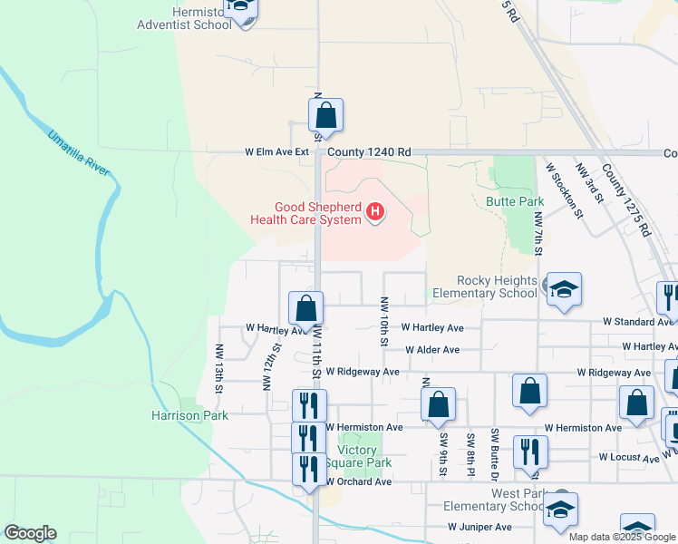 map of restaurants, bars, coffee shops, grocery stores, and more near 1070 West Linda Avenue in Hermiston