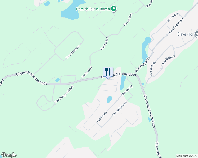 map of restaurants, bars, coffee shops, grocery stores, and more near 1551 Chemin de Val des Lacs in Sainte-Sophie