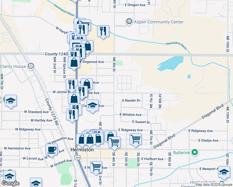 map of restaurants, bars, coffee shops, grocery stores, and more near 410 East Jennie Avenue in Hermiston