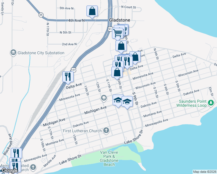 map of restaurants, bars, coffee shops, grocery stores, and more near 1100-1198 Minnesota Ave in Gladstone