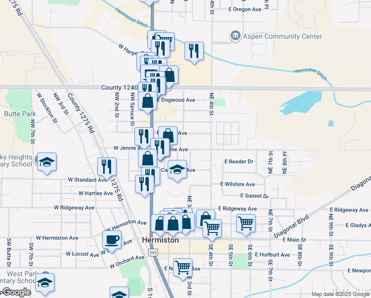 map of restaurants, bars, coffee shops, grocery stores, and more near 253 East Jennie Avenue in Hermiston