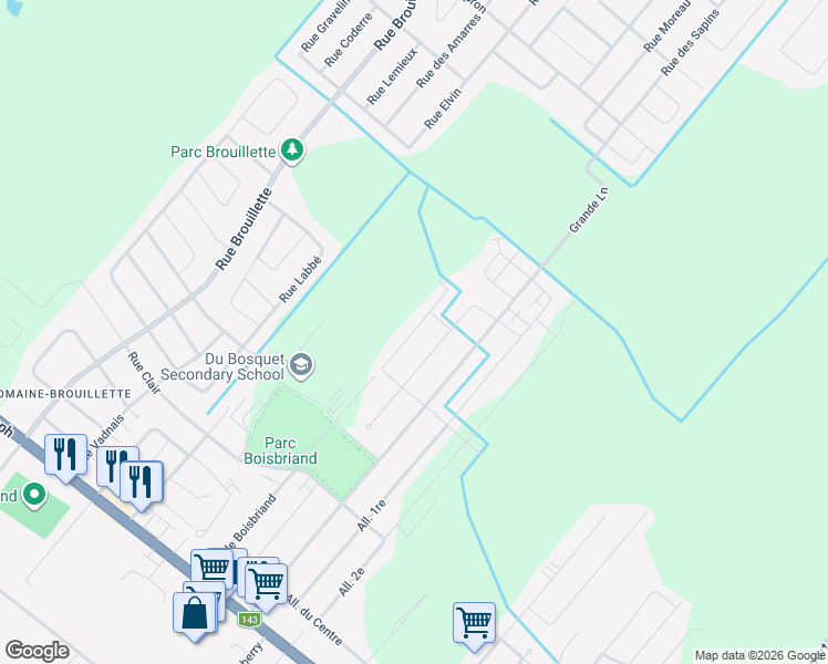 map of restaurants, bars, coffee shops, grocery stores, and more near Allée de l'Éclipse in Drummondville