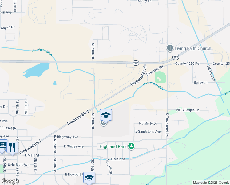 map of restaurants, bars, coffee shops, grocery stores, and more near 1129 Northeast Emerald Drive in Hermiston
