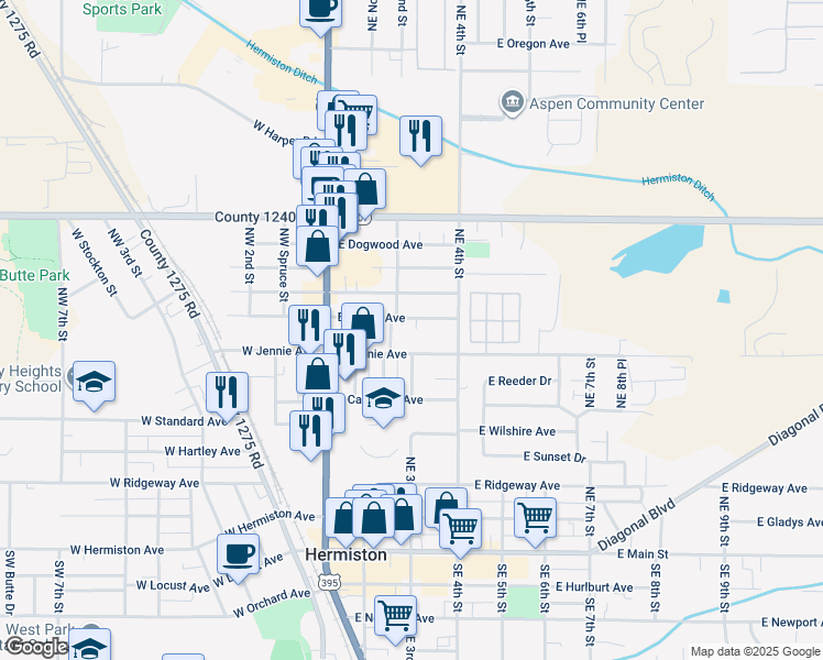 map of restaurants, bars, coffee shops, grocery stores, and more near 253 East Jennie Avenue in Hermiston