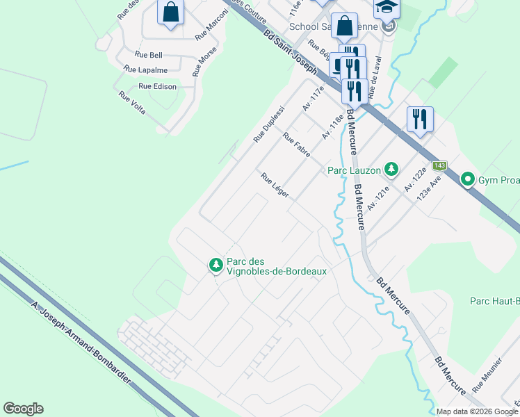 map of restaurants, bars, coffee shops, grocery stores, and more near 265 Rue de l'Aligoté in Drummondville