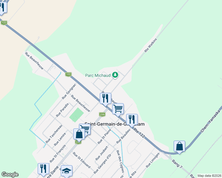 map of restaurants, bars, coffee shops, grocery stores, and more near 184 Route Watkins in Saint-Germain-de-Grantham