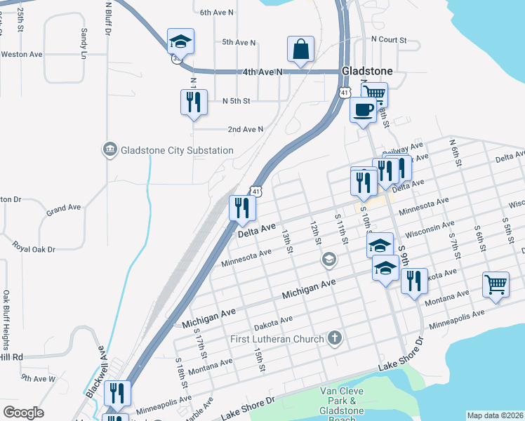 map of restaurants, bars, coffee shops, grocery stores, and more near Highway 35 in Gladstone