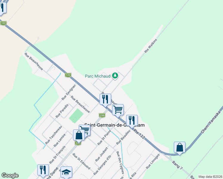 map of restaurants, bars, coffee shops, grocery stores, and more near 184 Route Watkins in Saint-Germain-de-Grantham