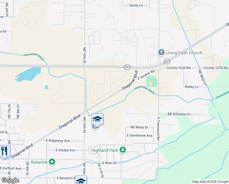 map of restaurants, bars, coffee shops, grocery stores, and more near 1090 East Elm Avenue in Hermiston