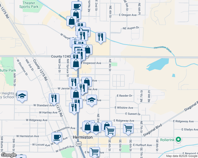 map of restaurants, bars, coffee shops, grocery stores, and more near 335 East Beebe Avenue in Hermiston