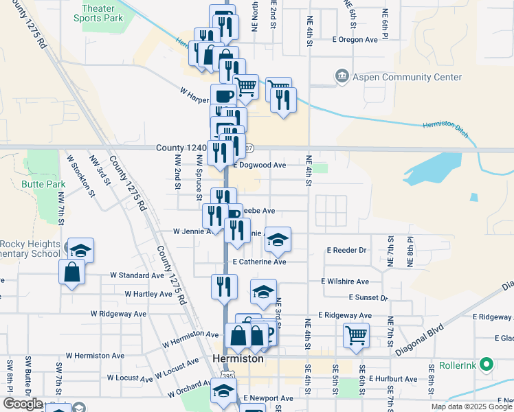 map of restaurants, bars, coffee shops, grocery stores, and more near 120 East Beech Avenue in Hermiston