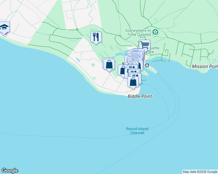 map of restaurants, bars, coffee shops, grocery stores, and more near Mahoney Avenue in Mackinac Island