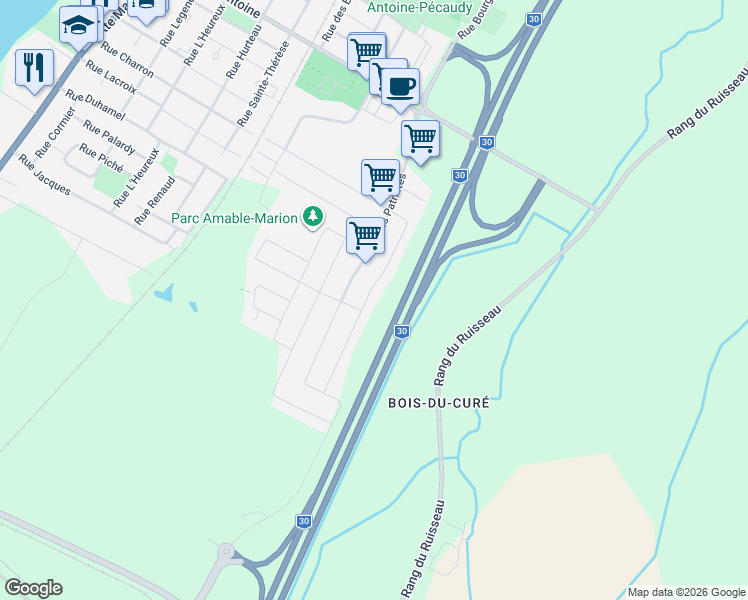 map of restaurants, bars, coffee shops, grocery stores, and more near 4635 Rue Joseph-Lamoureux in Contrecoeur