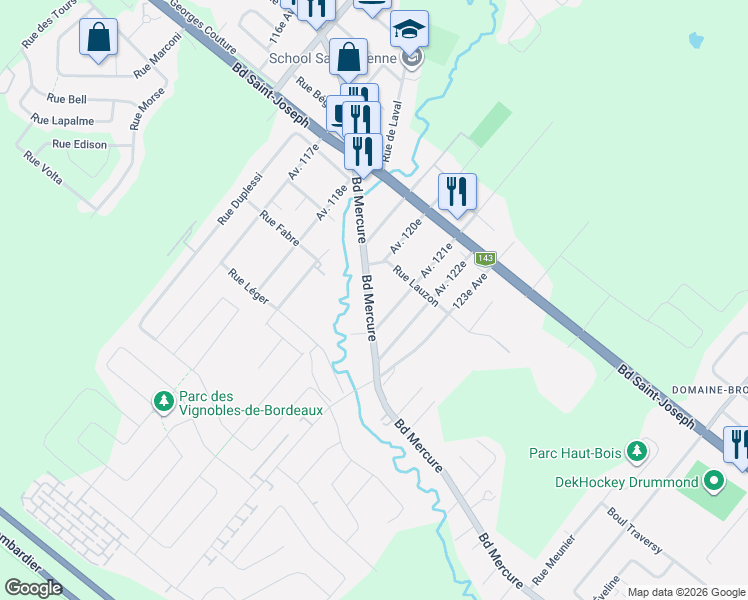 map of restaurants, bars, coffee shops, grocery stores, and more near 2326 Boulevard Mercure in Drummondville