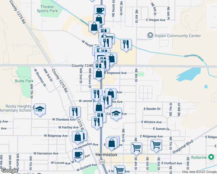 map of restaurants, bars, coffee shops, grocery stores, and more near 120 East Beech Avenue in Hermiston