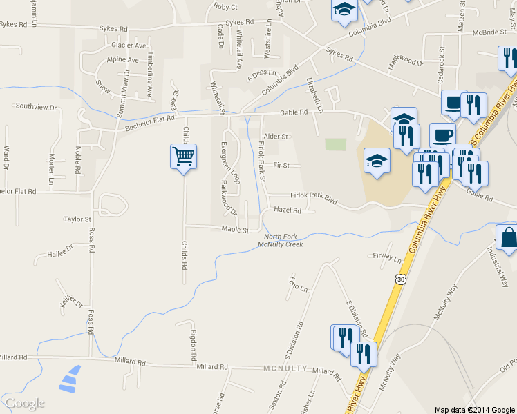 map of restaurants, bars, coffee shops, grocery stores, and more near 58710 Dogwood Ln in St Helens