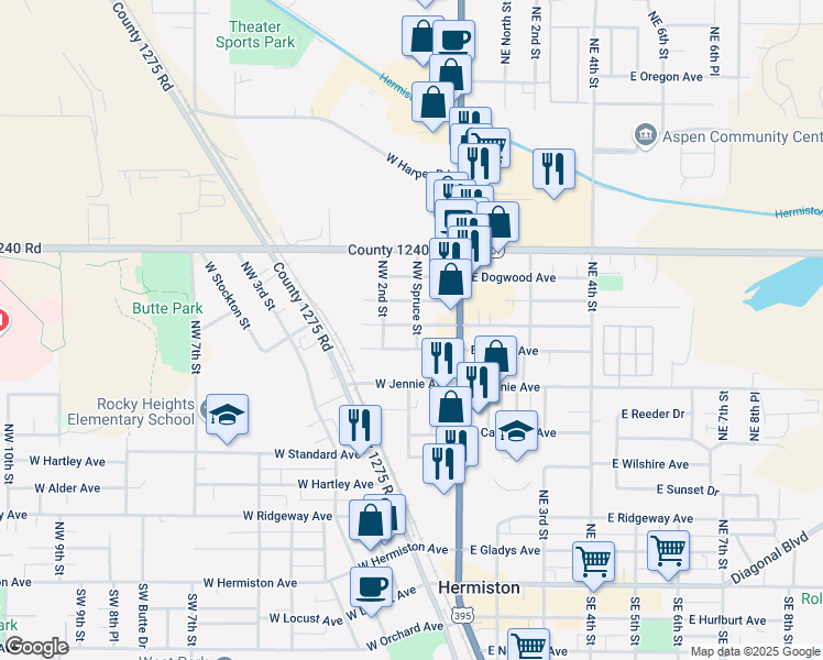 map of restaurants, bars, coffee shops, grocery stores, and more near 111 West Beech Avenue in Hermiston