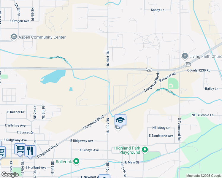 map of restaurants, bars, coffee shops, grocery stores, and more near 933 Northeast 10th Street in Hermiston