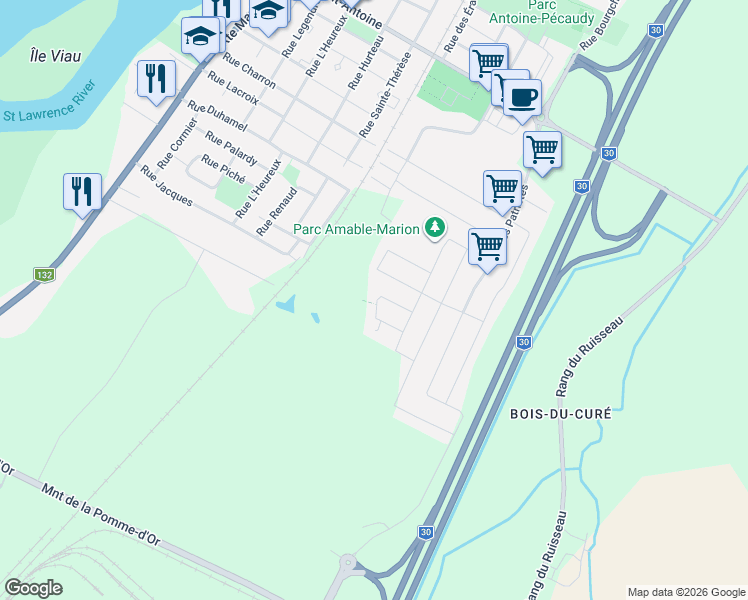map of restaurants, bars, coffee shops, grocery stores, and more near 1350 Rue François-Xavier-Malhiot in Contrecoeur
