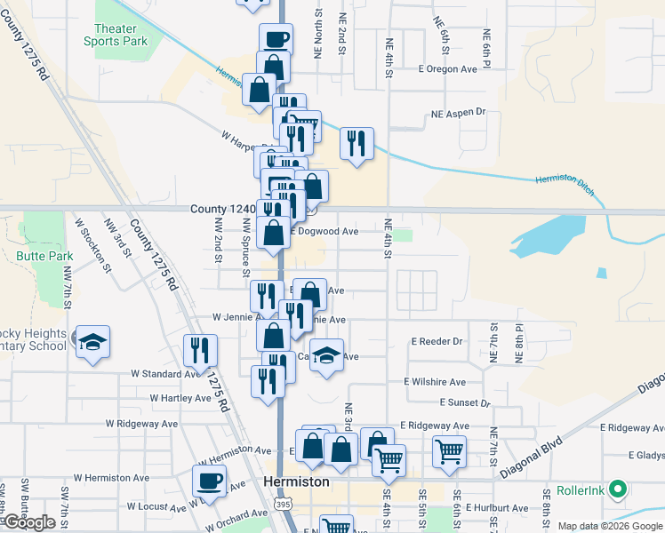 map of restaurants, bars, coffee shops, grocery stores, and more near 235 East Beech Avenue in Hermiston