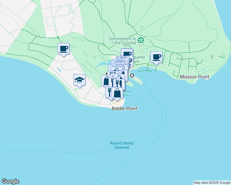 map of restaurants, bars, coffee shops, grocery stores, and more near 1384 Hoban Street in Mackinac Island
