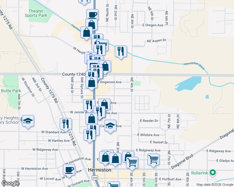 map of restaurants, bars, coffee shops, grocery stores, and more near 235 East Beech Avenue in Hermiston