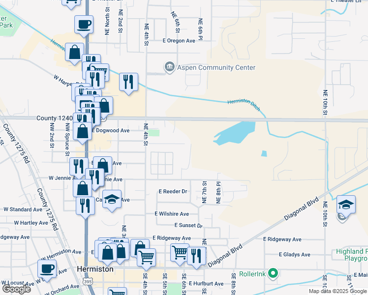 map of restaurants, bars, coffee shops, grocery stores, and more near 626 Northeast Willow Court in Hermiston