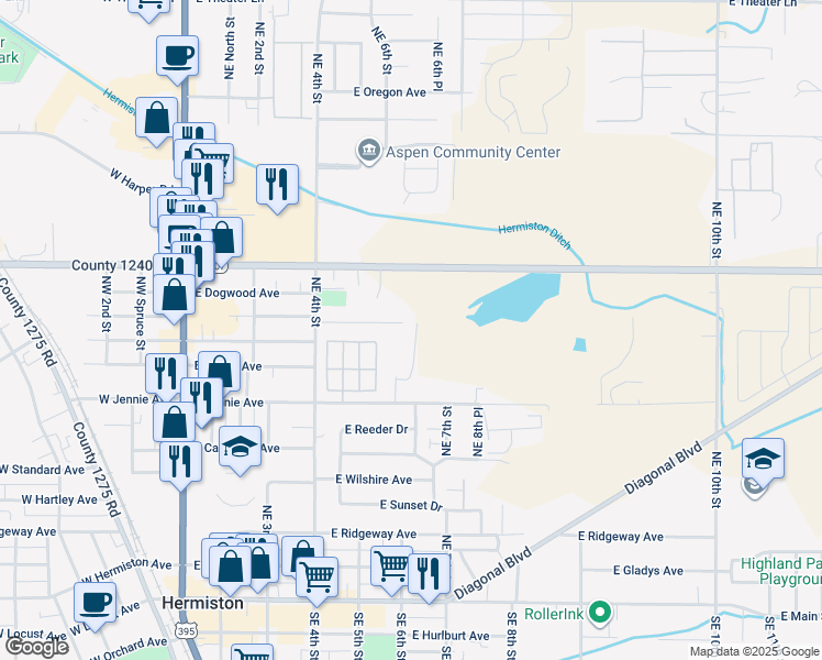 map of restaurants, bars, coffee shops, grocery stores, and more near 626 Northeast Willow Court in Hermiston