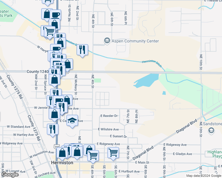 map of restaurants, bars, coffee shops, grocery stores, and more near 520 Northeast Willow Court in Hermiston