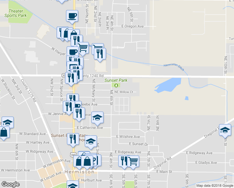 map of restaurants, bars, coffee shops, grocery stores, and more near 436 Northeast Willow Court in Hermiston