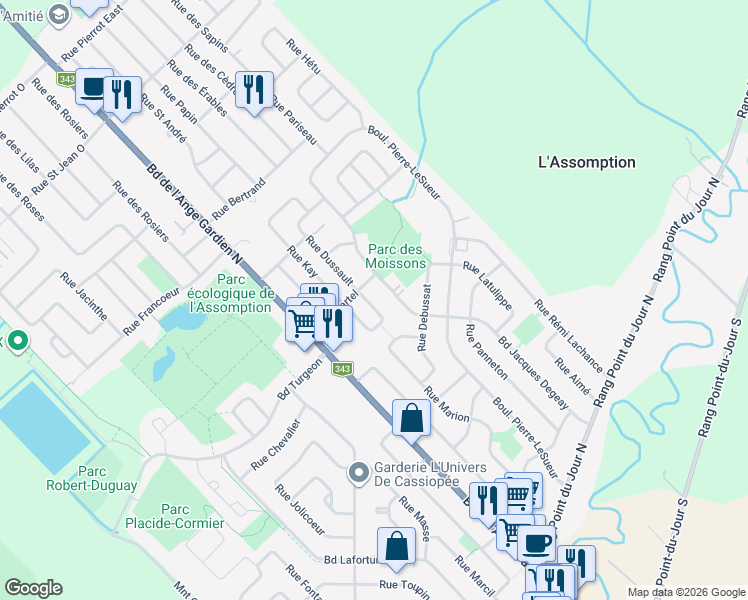 map of restaurants, bars, coffee shops, grocery stores, and more near 1110 Rue Dussault in L'Assomption