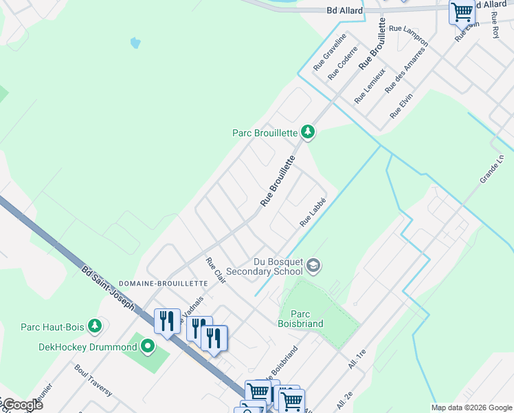 map of restaurants, bars, coffee shops, grocery stores, and more near 87 Rue Brouillette in Drummondville