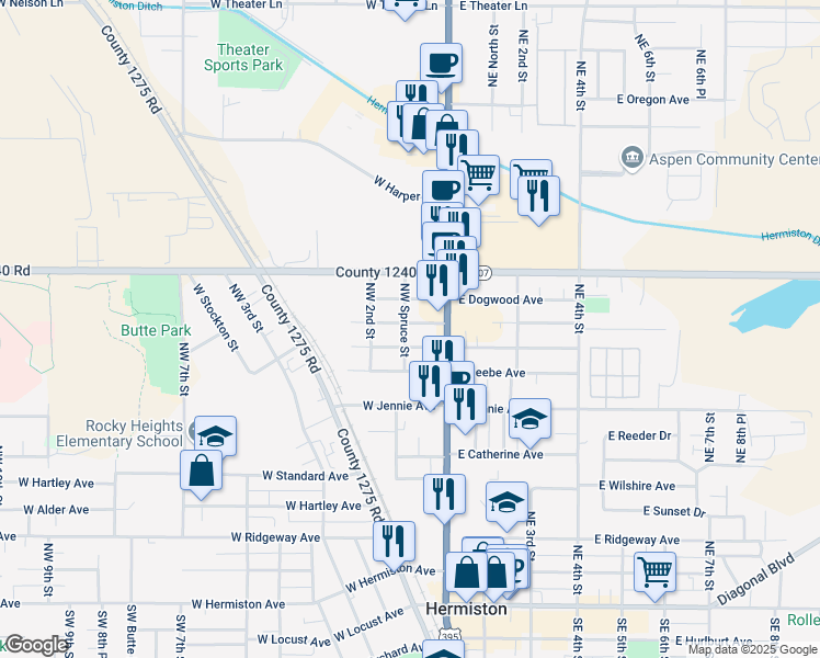 map of restaurants, bars, coffee shops, grocery stores, and more near 111 West Beech Avenue in Hermiston