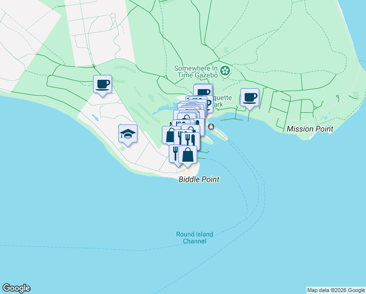 map of restaurants, bars, coffee shops, grocery stores, and more near 1384 Hoban Street in Mackinac Island