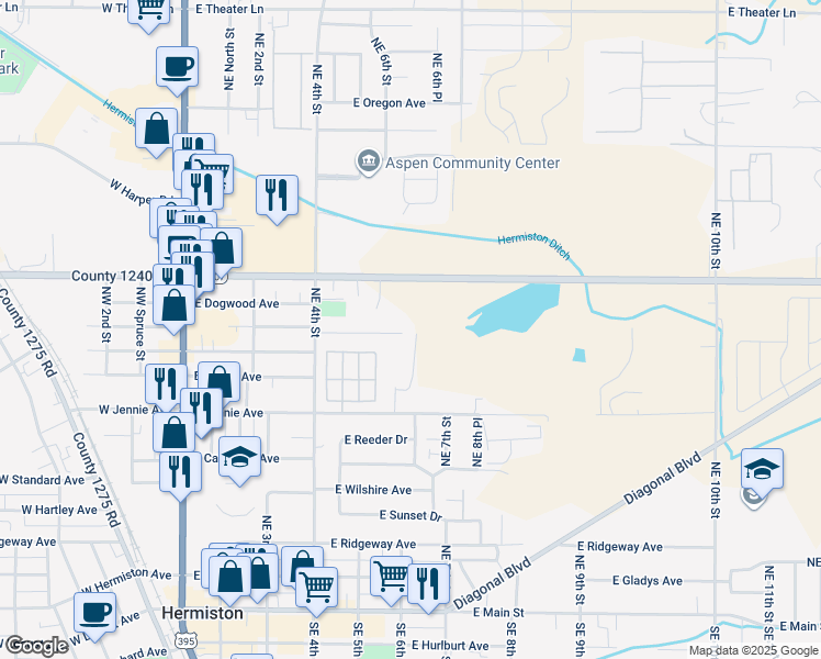 map of restaurants, bars, coffee shops, grocery stores, and more near 626 Northeast Willow Court in Hermiston