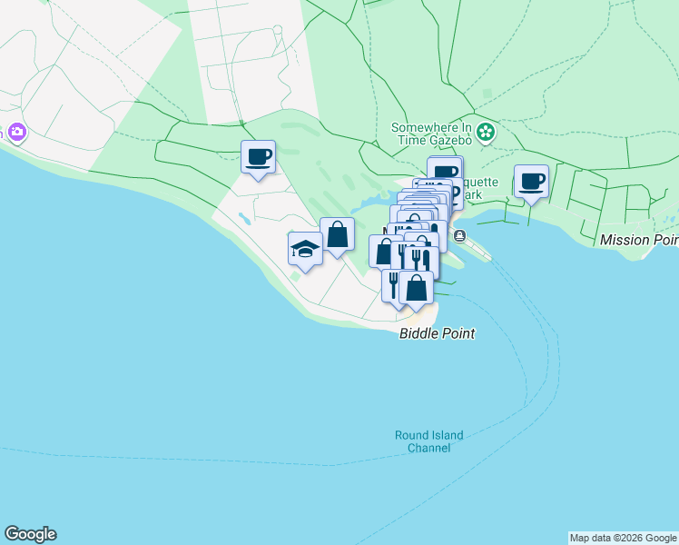 map of restaurants, bars, coffee shops, grocery stores, and more near Mahoney Avenue in Mackinac Island