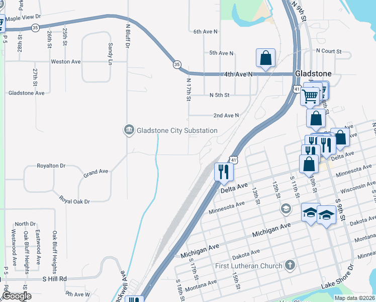 map of restaurants, bars, coffee shops, grocery stores, and more near 205 N 17th St in Gladstone