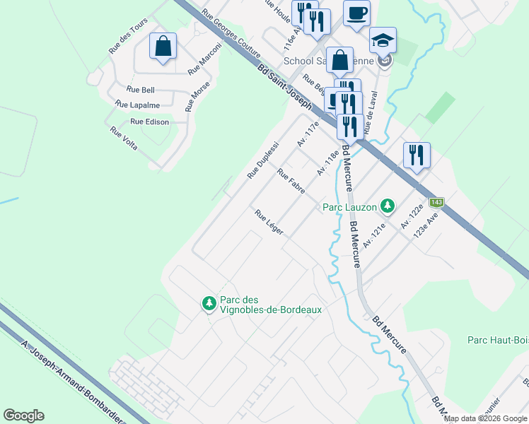 map of restaurants, bars, coffee shops, grocery stores, and more near 40 Rue Léger in Drummondville