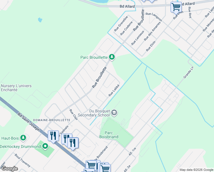 map of restaurants, bars, coffee shops, grocery stores, and more near 4 Rue Marcoux in Drummondville